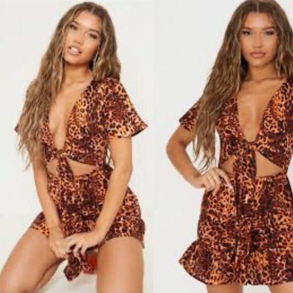 Pretty Little Thing Leopard Print Front Tie Dress Size 6 - Picture 1 of 5